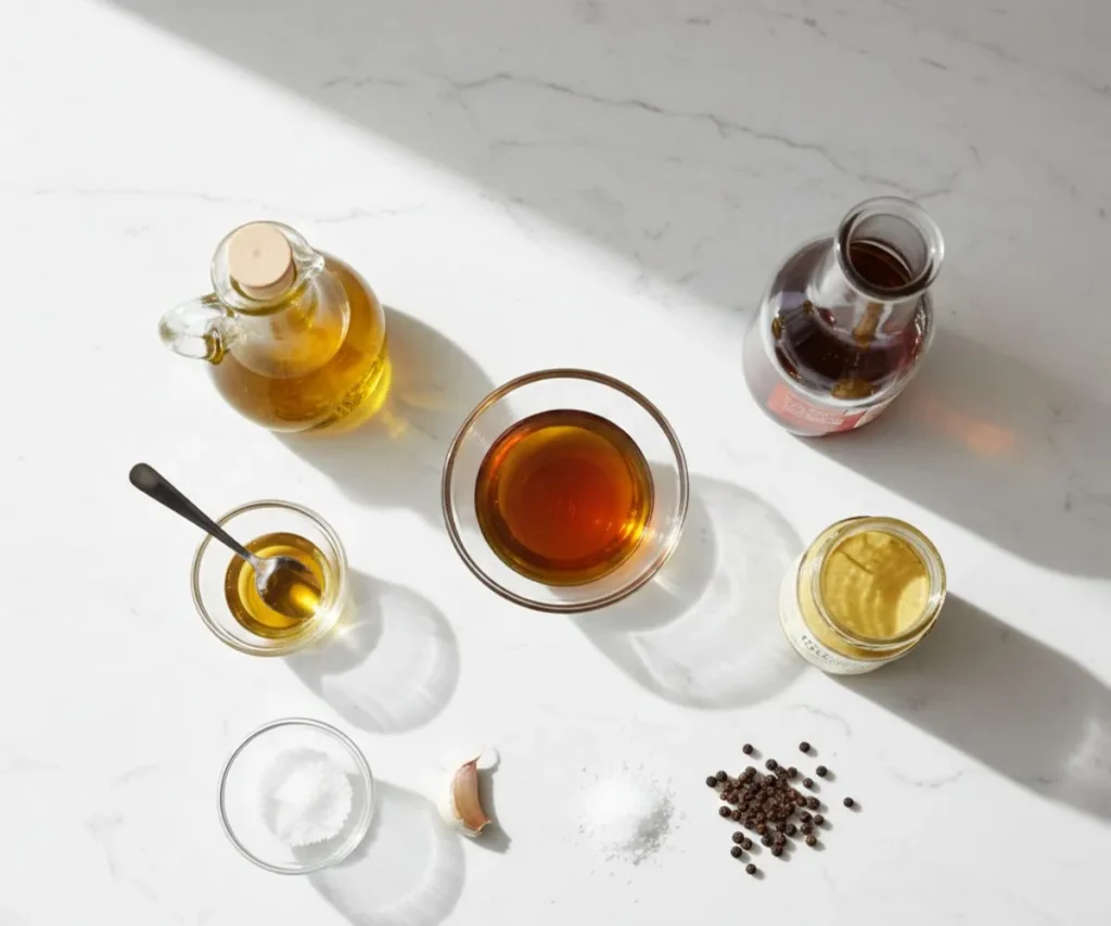 Ingredients for maple cider vinaigrette including olive oil, maple syrup and apple cider vinegar