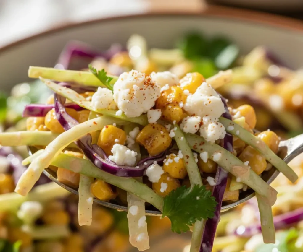 Close up of creamy Mexican street corn slaw texture