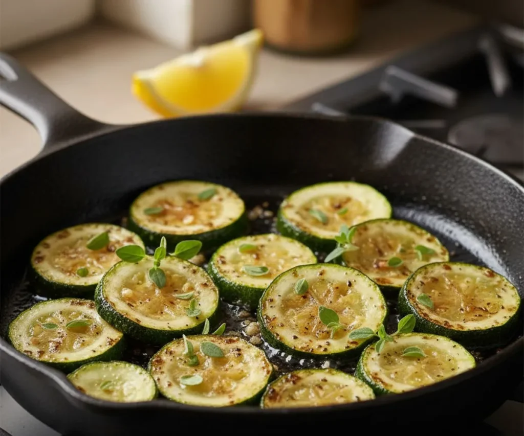 Mediterranean seared zucchini slices cooked in olive oil with garlic and oregano