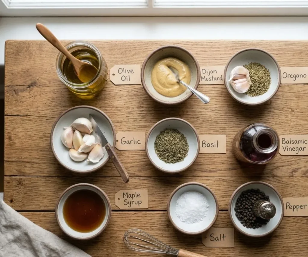ingredients for vegan balsamic vinaigrette including balsamic vinegar and olive oil