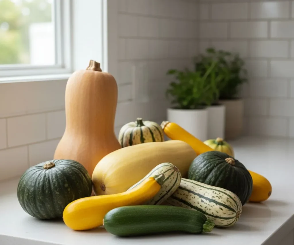 Different types of squash including butternut, acorn, spaghetti, delicata, and zucchini.