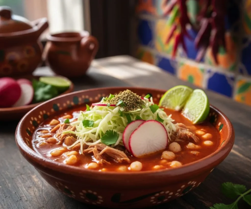 Authentic pozole rojo with hominy and fresh toppings