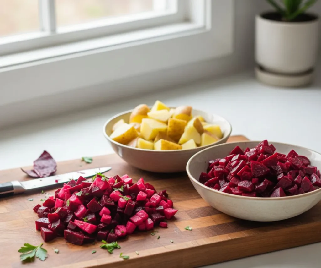 Cooked beets and boiled potatoes prepared for potato salad with beets