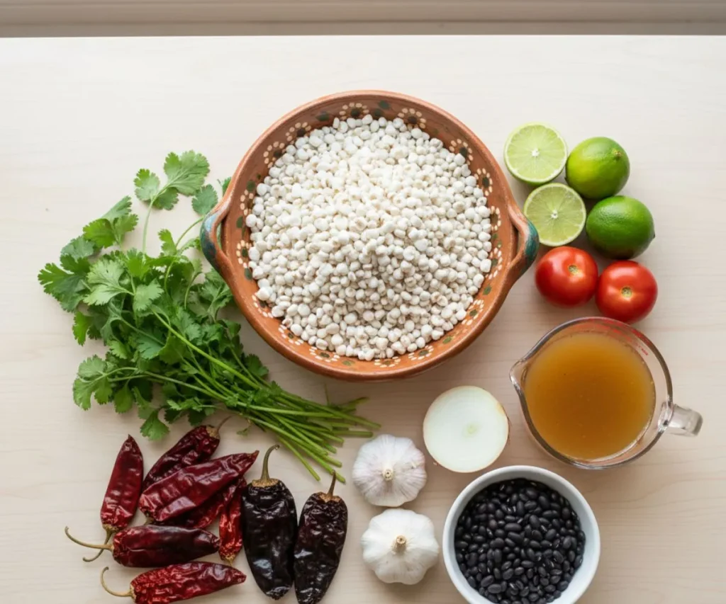 Mexican soup ingredients including dried chiles, hominy, beans, and cilantro