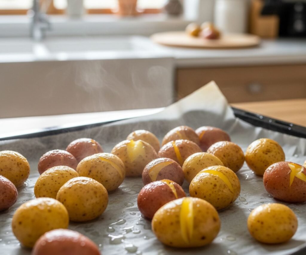 Boiled potatoes steam drying on a tray before roasting