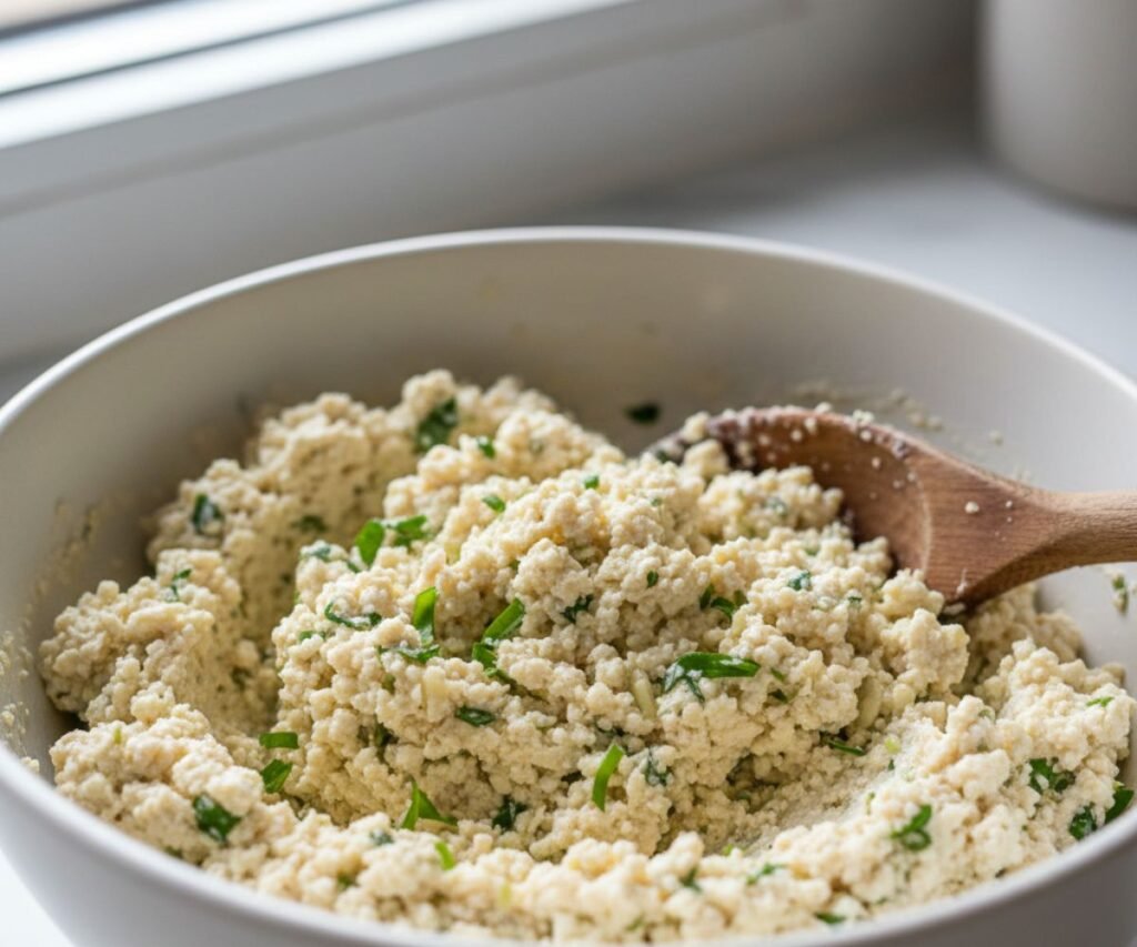 Tofu ricotta mixture prepared for vegan lasagna