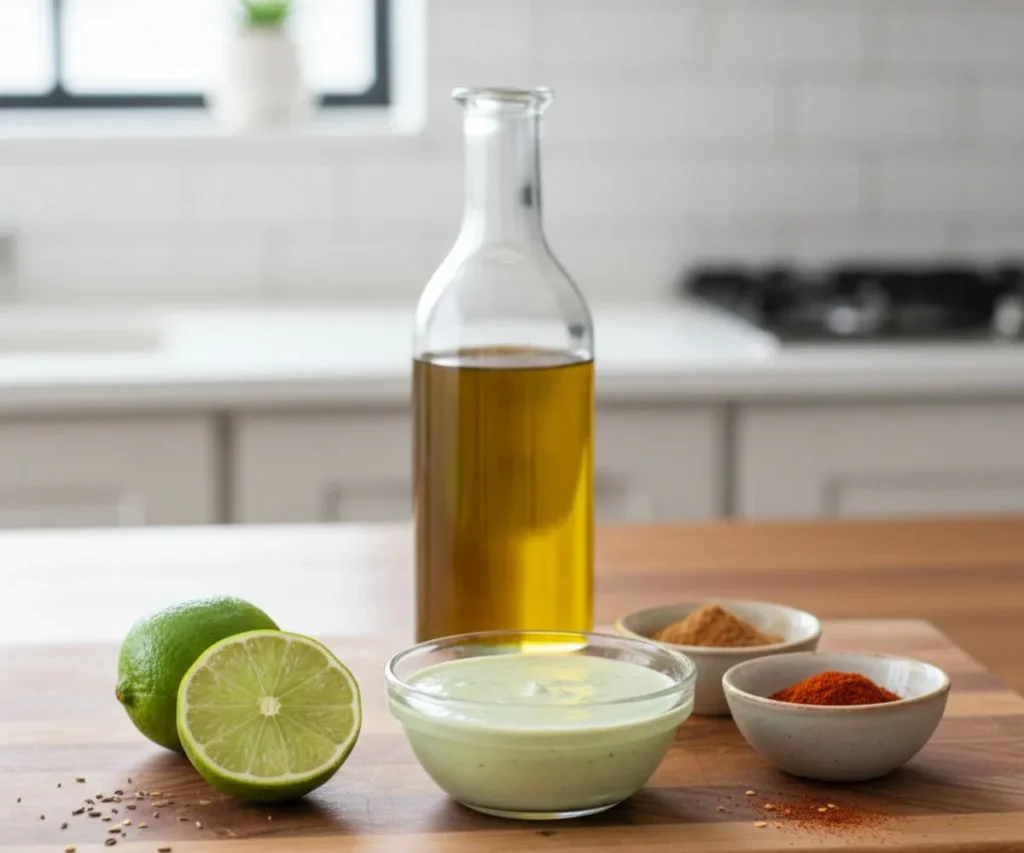 Cumin lime dressing with olive oil and fresh lime for Mexican kale salad