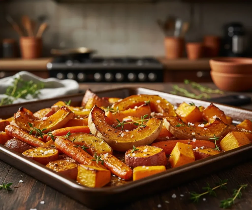 Roasted fall vegetables used to make flavorful vegan fall soup