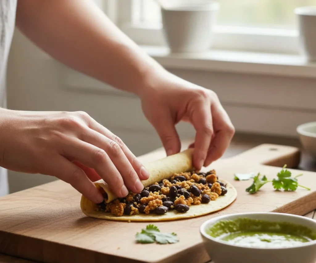 Rolling corn tortillas with filling for vegan green enchiladas