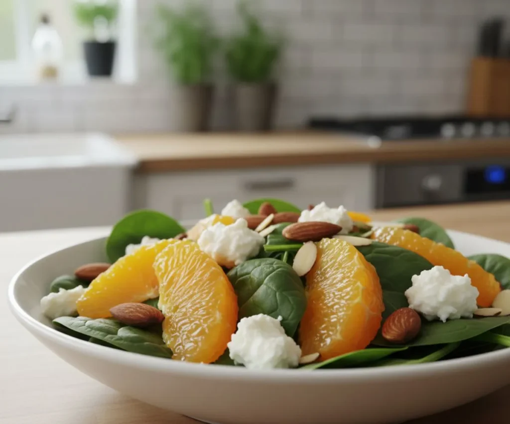 Sweet and savory fruit in salad with citrus, cheese, and leafy greens