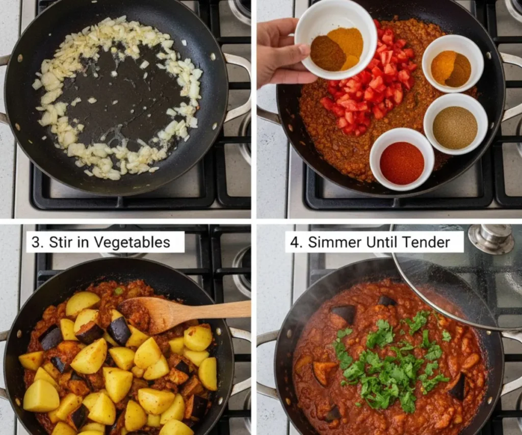 Step by step process of cooking eggplant potato curry in a pan