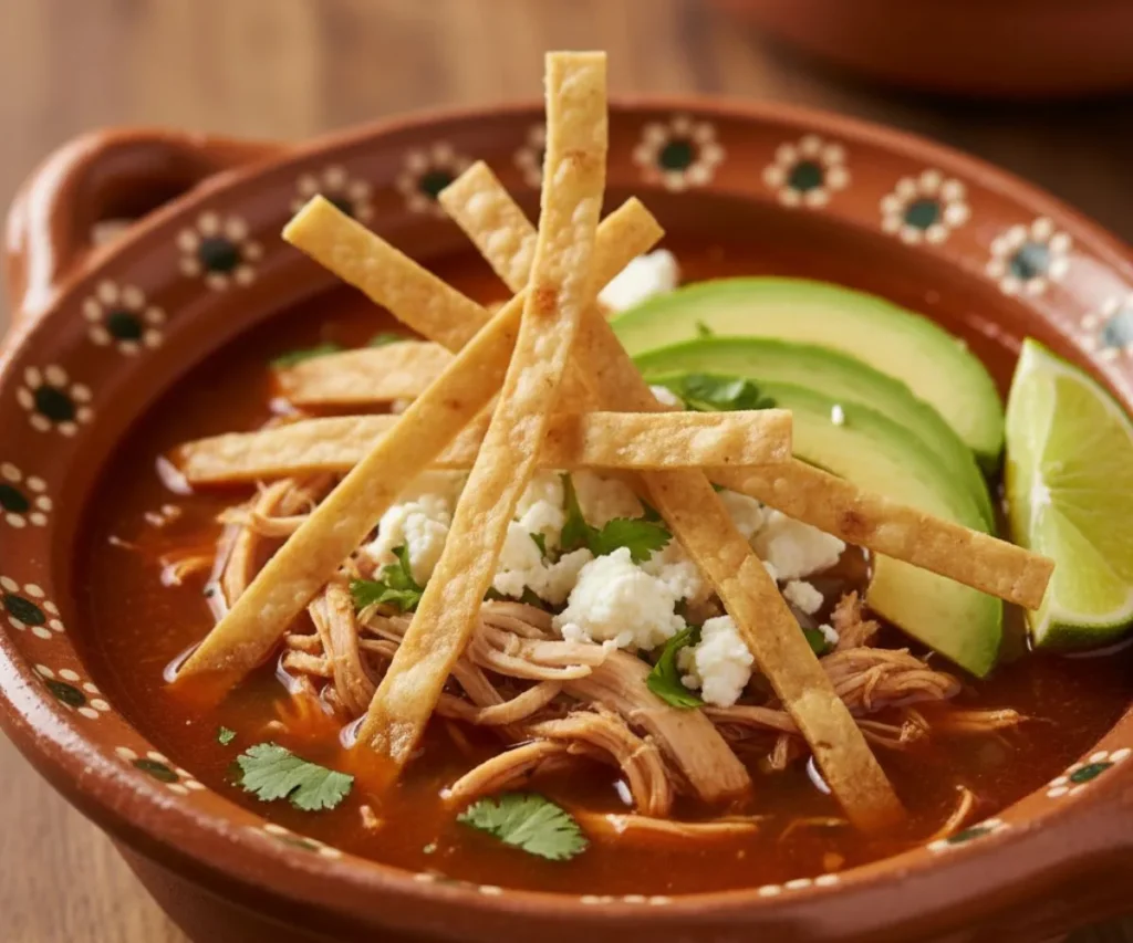 Authentic tortilla soup with chicken, avocado, and crispy tortilla strips