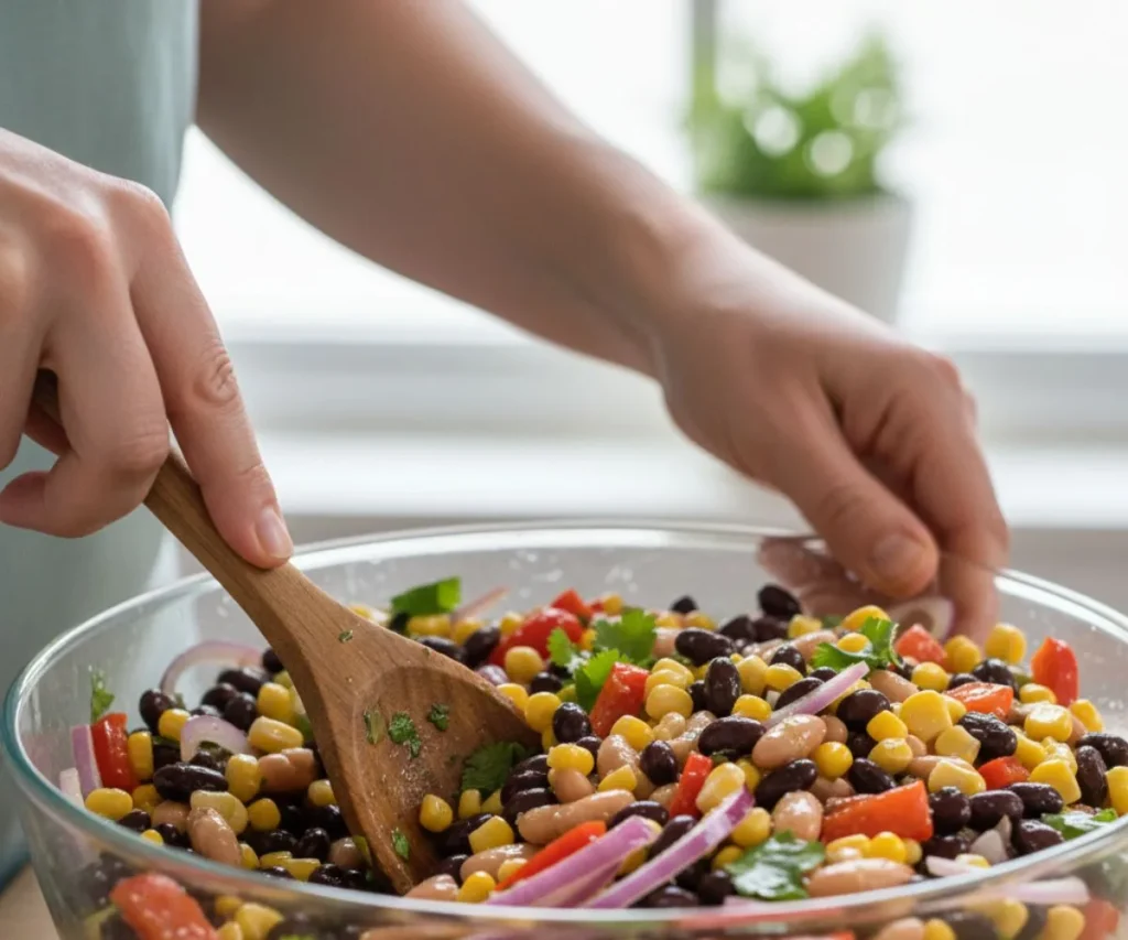 Mixing southwest bean salad with beans, corn, and lime dressing in a glass bowl