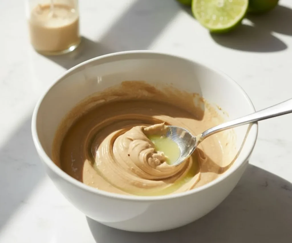 Mixing tahini and lime juice to make creamy tahini lime sauce