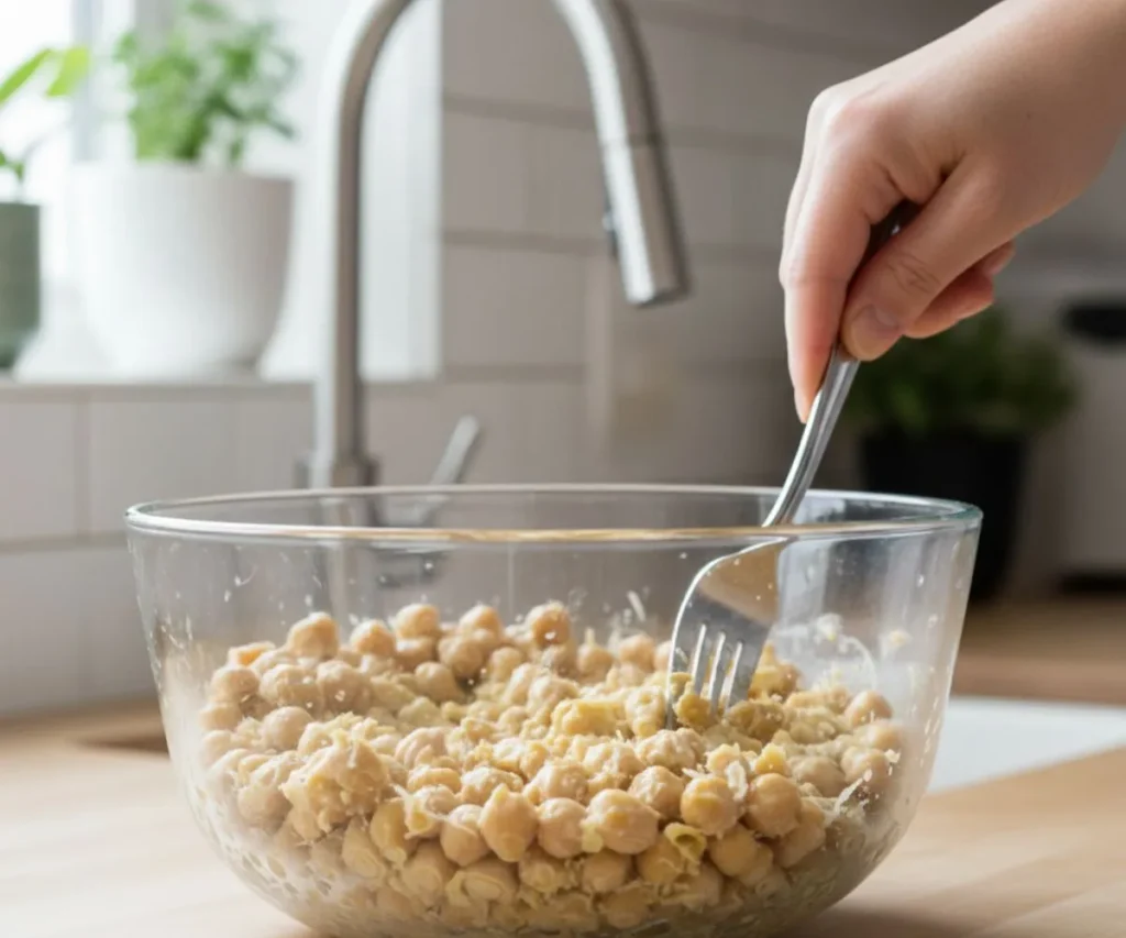 Chickpeas in bowl ready for tahini dressing