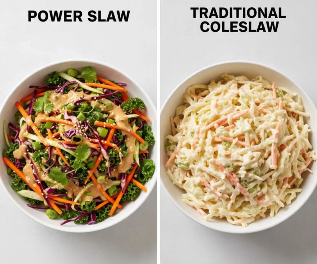 Side by side comparison of power slaw and traditional coleslaw