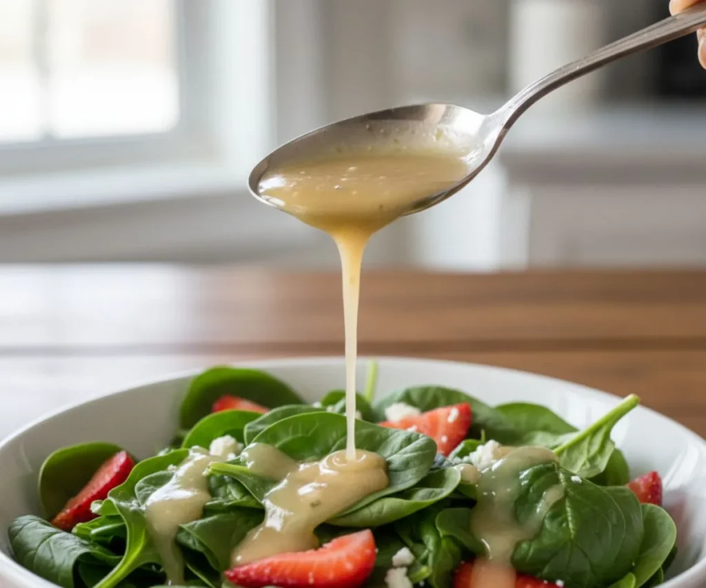 Sweet onion vinaigrette being poured over fresh spinach salad