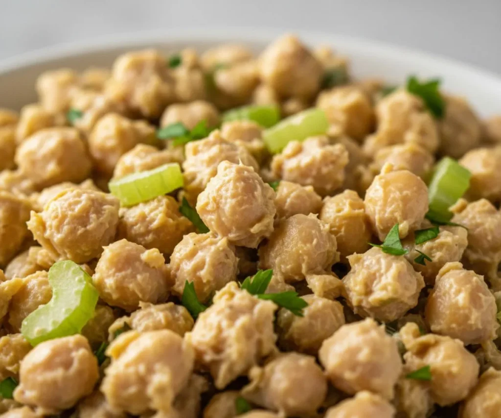 Close-up texture of chickpea vegan tuna salad