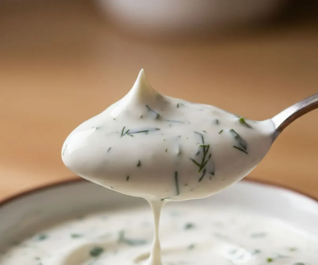 Close-up of thick and creamy vegan ranch dip texture with visible herbs