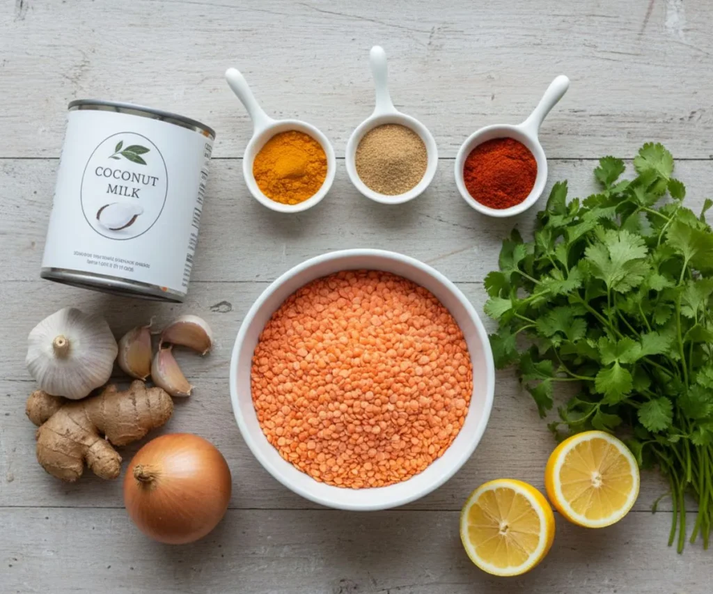 Ingredients for spicy lentil curry including red lentils and spices