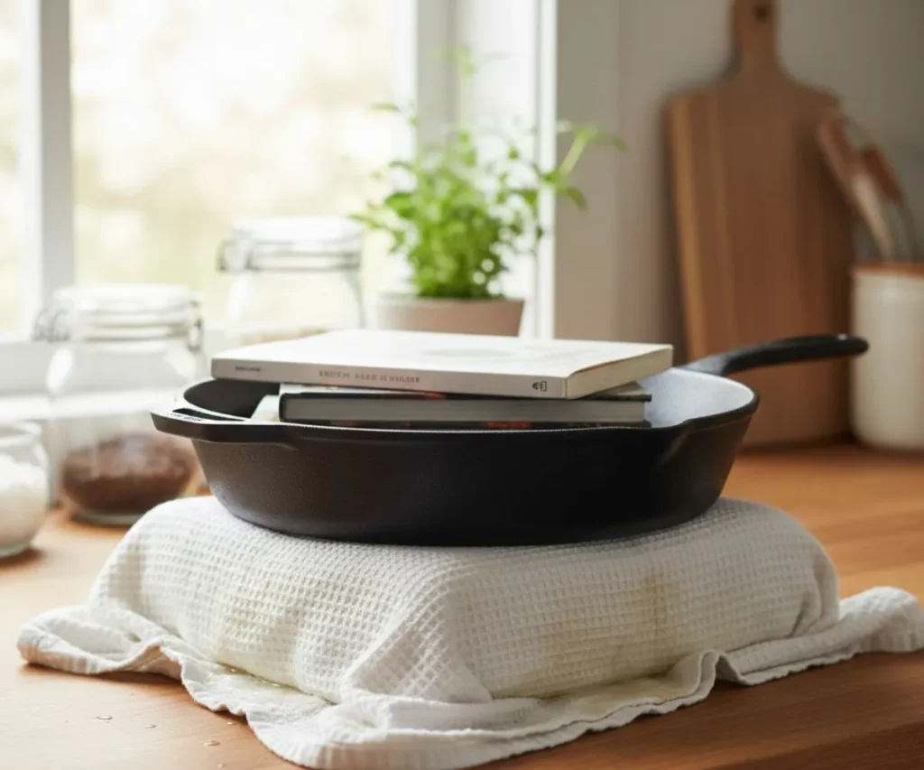 Pressing extra-firm tofu with towel and heavy pan