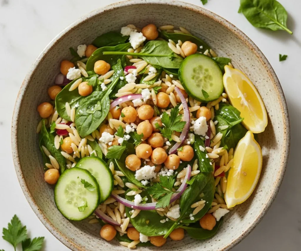 Mediterranean vegetarian orzo with chickpeas and feta