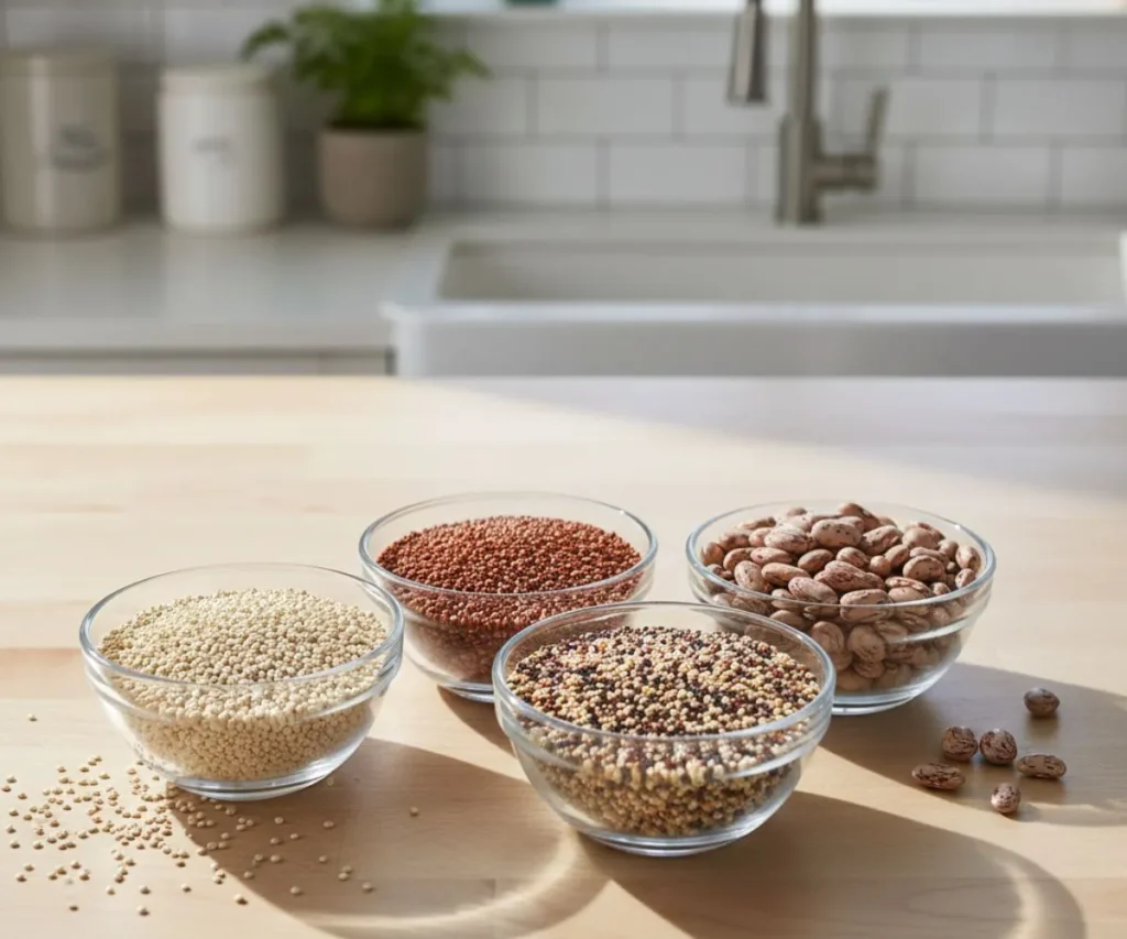 Balanced fitness plate with quinoa and pinto beans