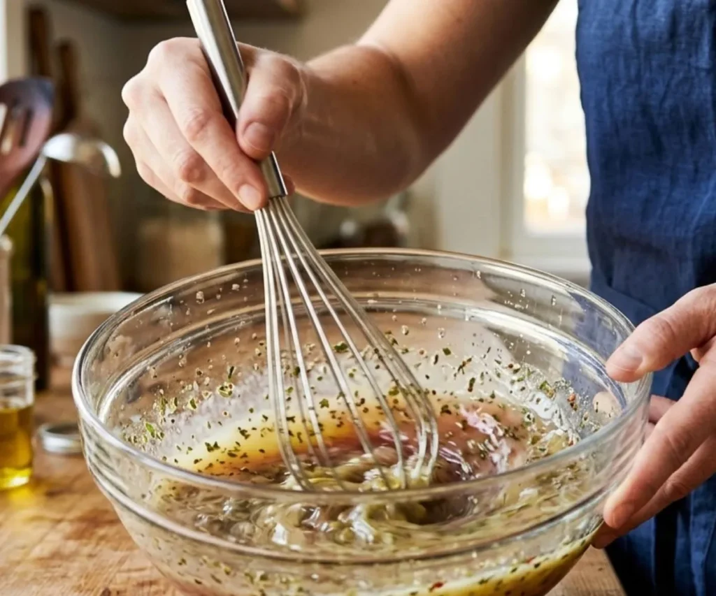 Whisking olive oil and vinegar to make Italian vinaigrette