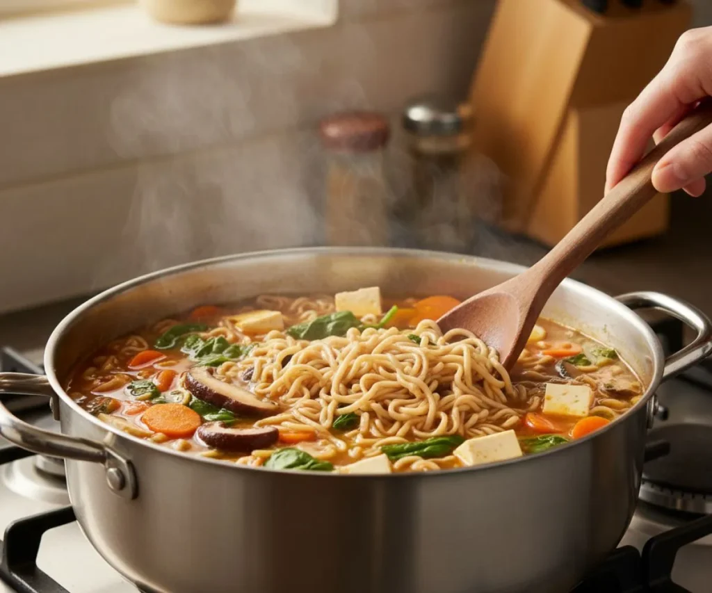 Vegetable ramen noodles cooking in broth with mushrooms and spinach