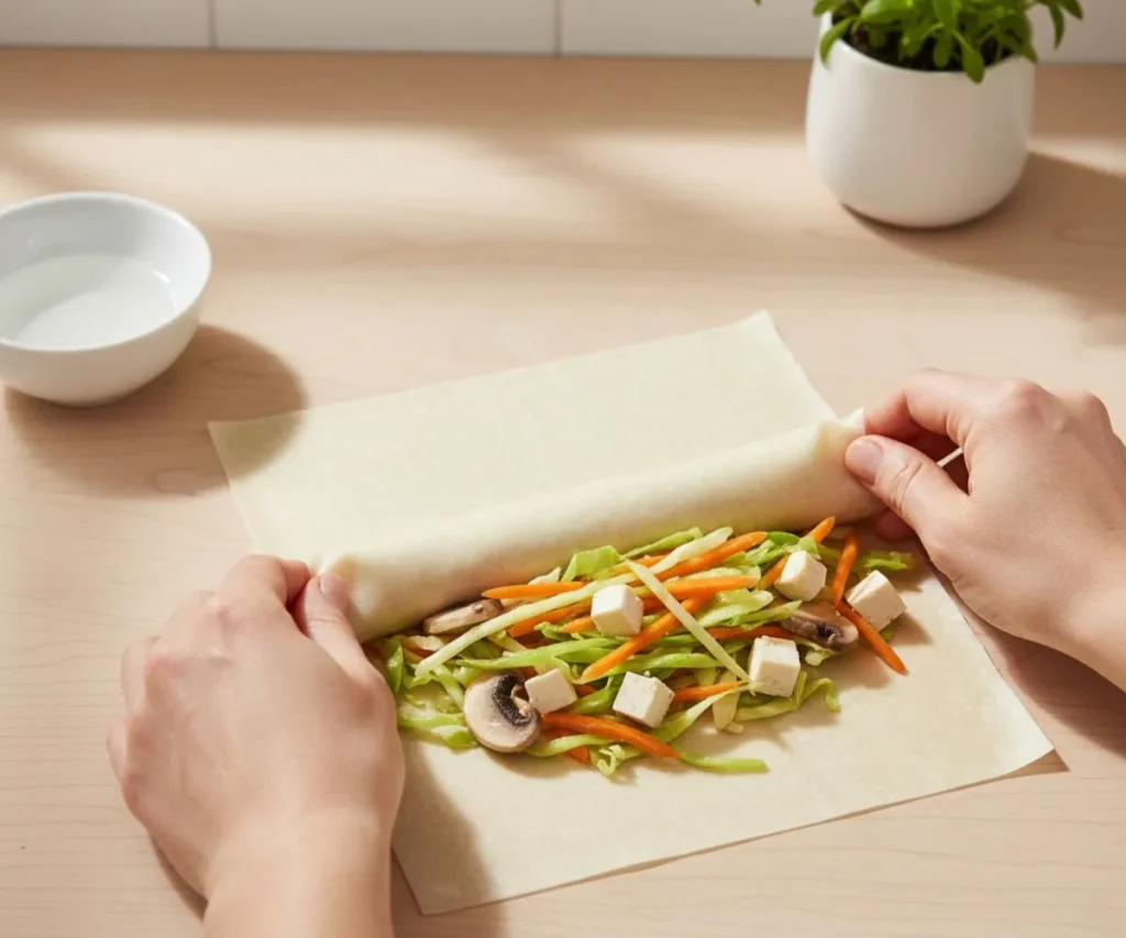 Step by step rolling vegan egg rolls with vegetable filling