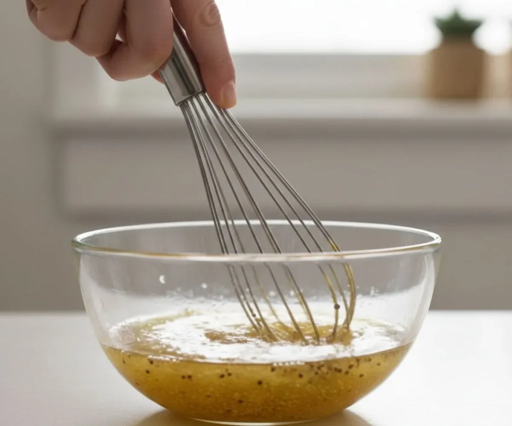 Whisking maple cider vinaigrette in a glass bowl until smooth