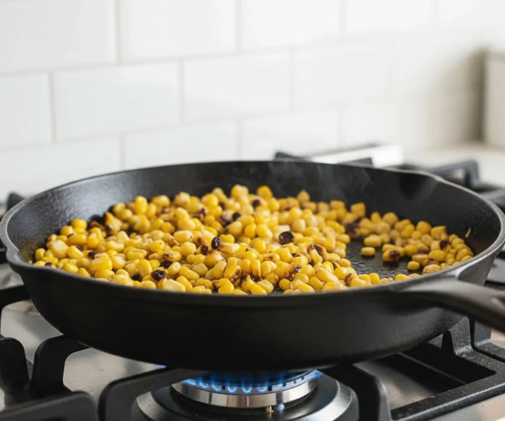 Corn kernels charring in skillet for Mexican street slaw