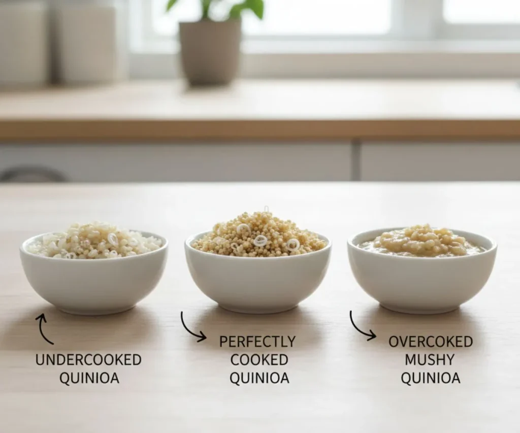 Comparison of undercooked, cooked, and overcooked quinoa showing germ ring visibility