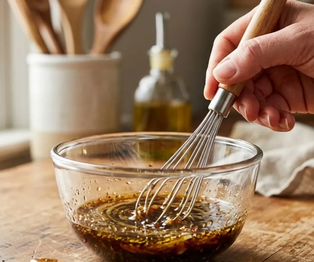 whisking vegan balsamic vinaigrette in glass bowl
