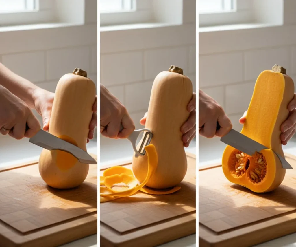 Step-by-step method for cutting and peeling butternut squash safely.
