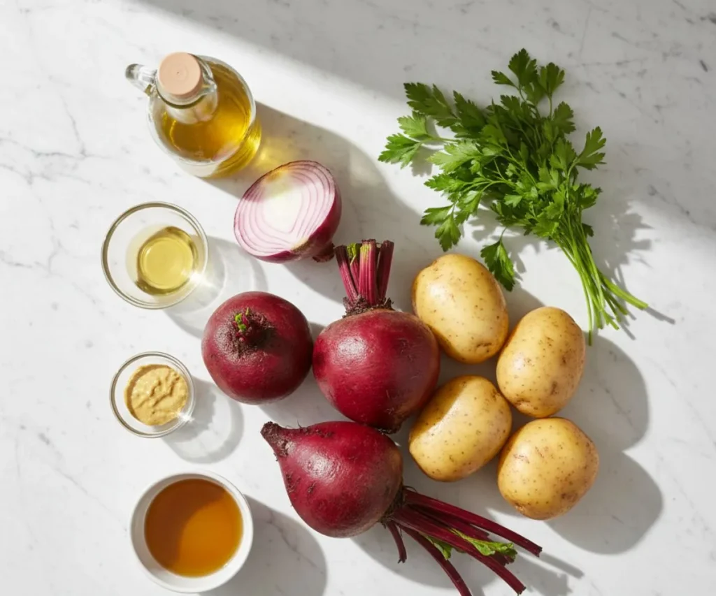 Ingredients for potato salad with beets including potatoes, beets, olive oil, and mustard
