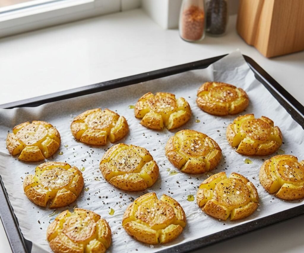 Smashed potatoes brushed with olive oil before roasting