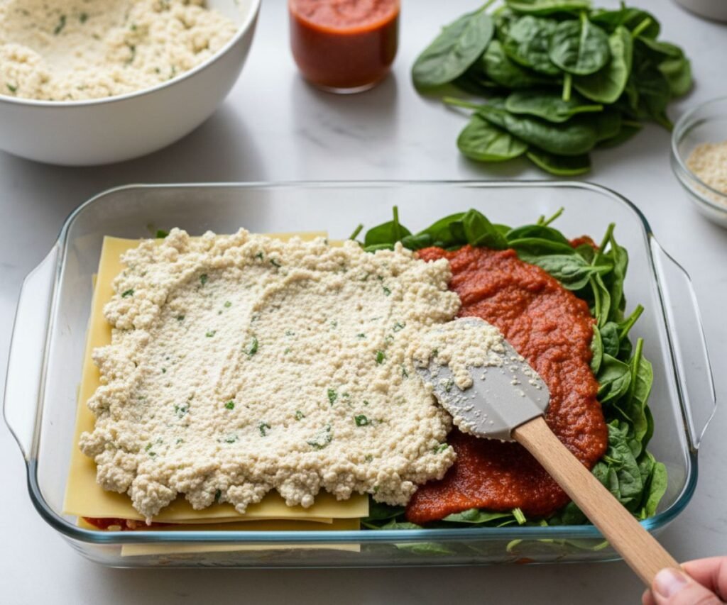 Layering vegan lasagna with tofu ricotta and marinara sauce