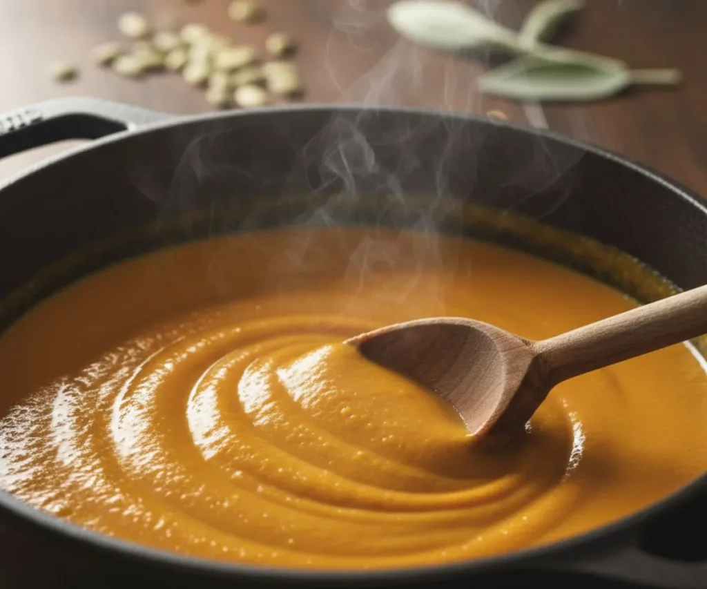 Creamy vegan fall soup made without dairy using blended pumpkin and plant ingredients