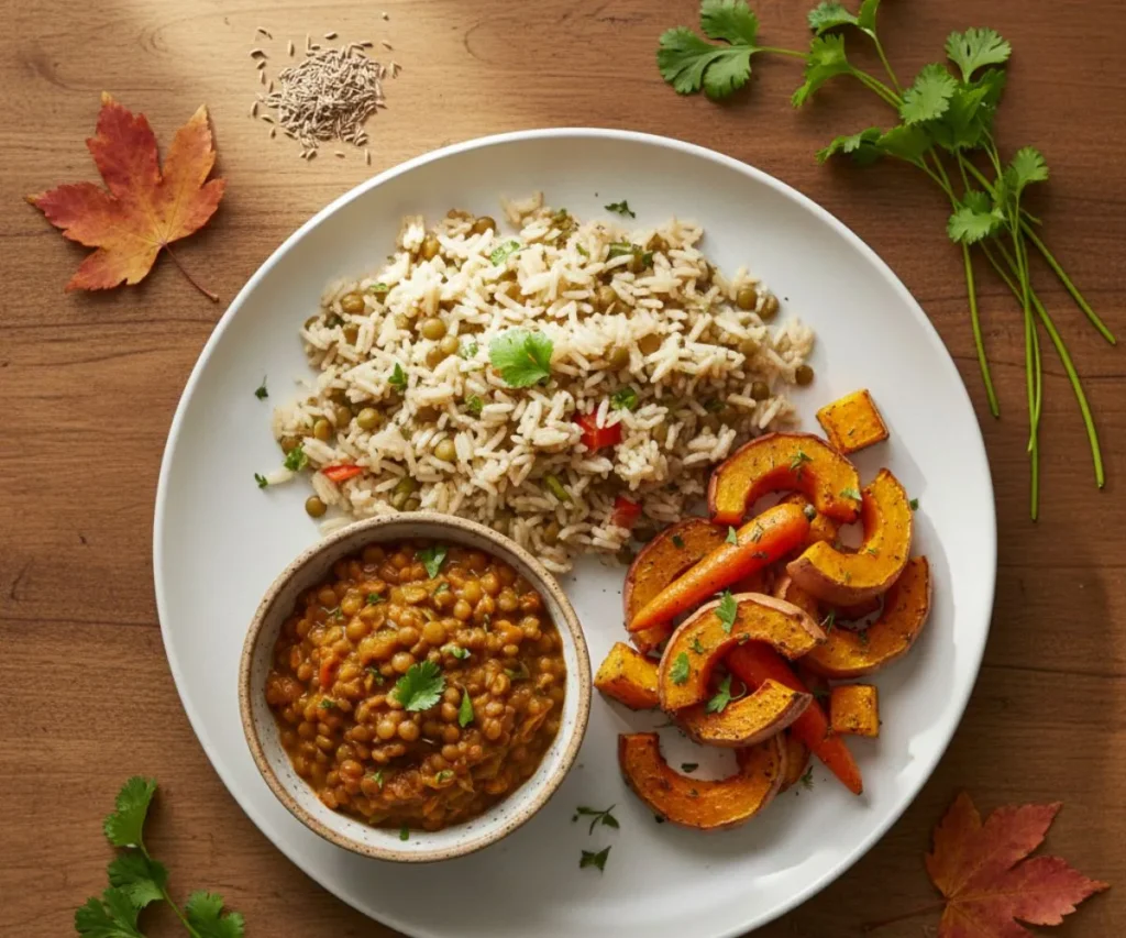 Vegan rice pilaf served with lentil curry and roasted vegetables