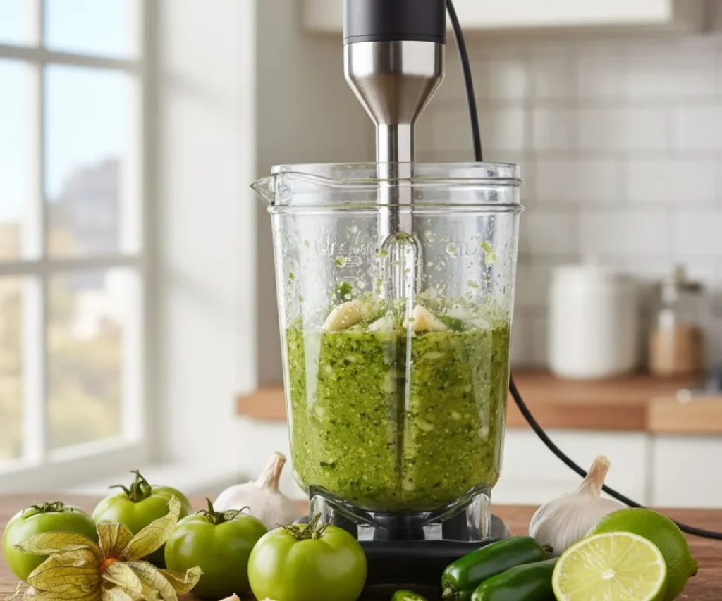 Fresh homemade green enchilada sauce made with tomatillos