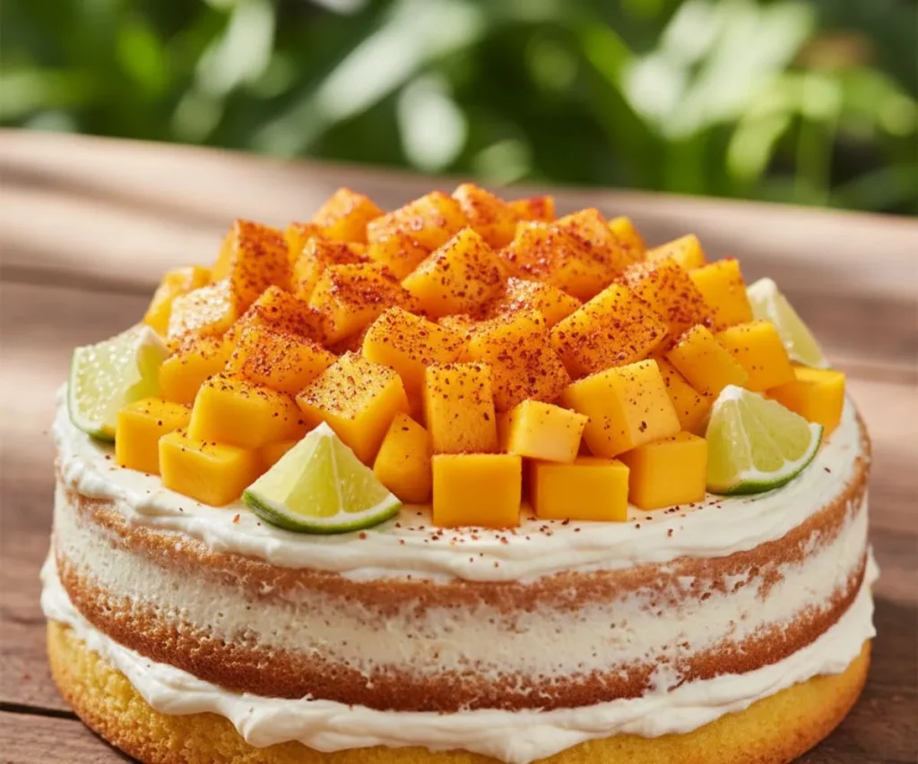 Mangonada style Mexican mango cake with chili and lime