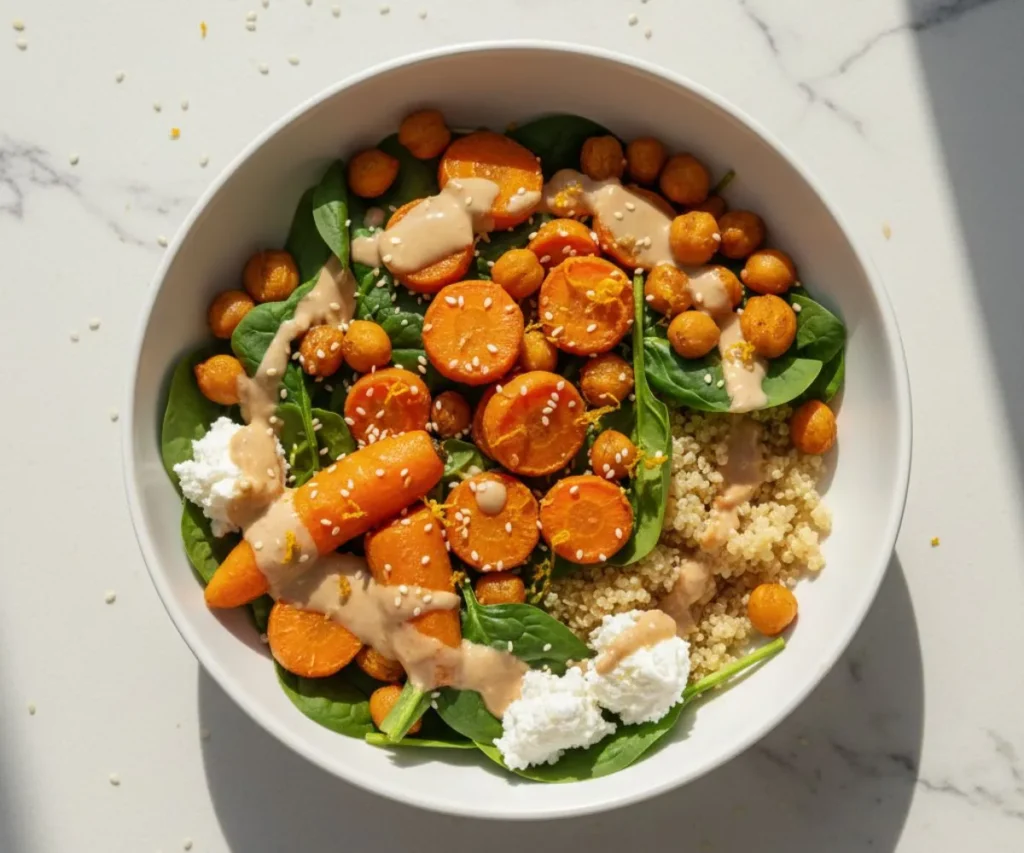 Tahini orange dressing drizzled over quinoa bowl with roasted vegetables