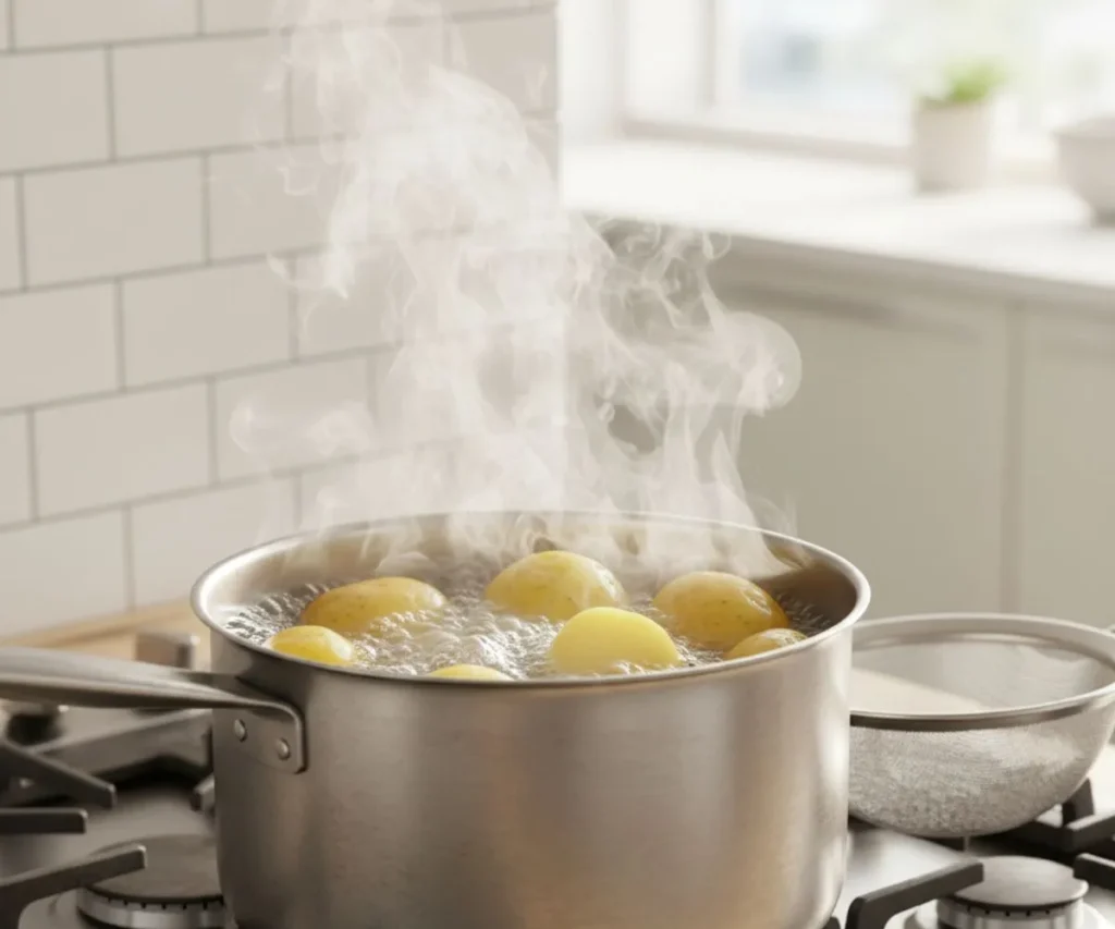 Potatoes boiling in water before roasting for extra crispiness