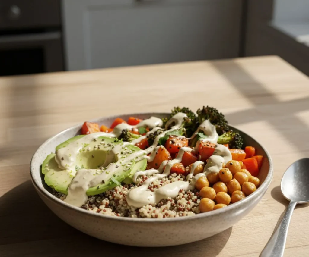 Grain bowl with vegetables drizzled with tahini lime sauce