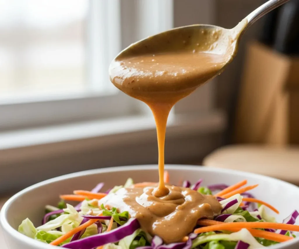 Creamy peanut dressing being poured over fresh power slaw