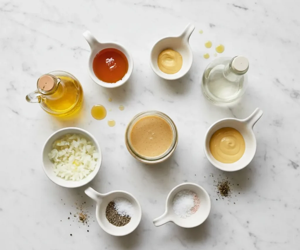 Ingredients for homemade sweet onion vinaigrette arranged on marble surface