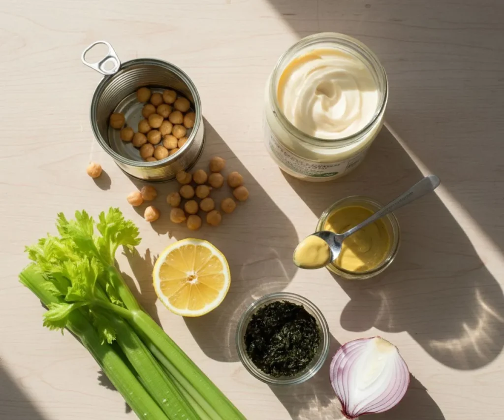 Ingredients for vegan tuna salad including chickpeas and lemon