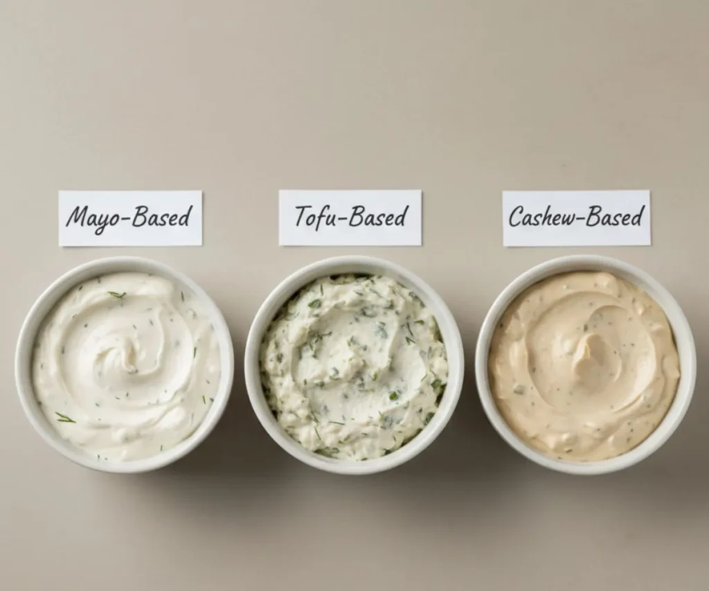 Different vegan ranch dip variations including mayo-based, tofu-based, and cashew-based