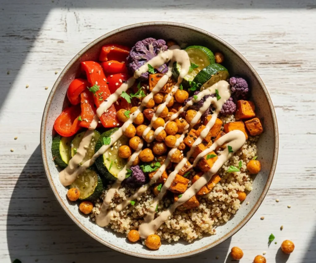 Vegan Buddha power bowl with quinoa, chickpeas, and roasted vegetables